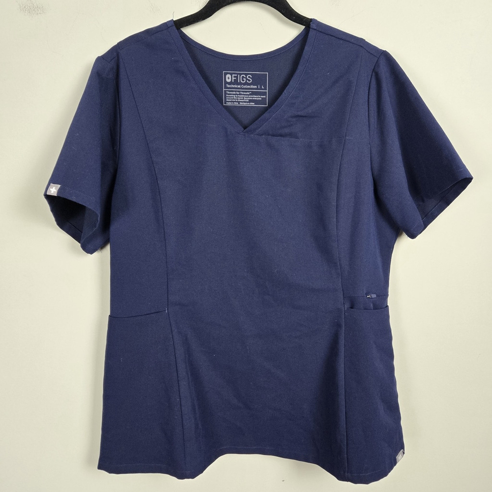 Figs Womens Zipper Pockets V Neck Scrub Top L Blue Stretch Medical Nurse Doctor